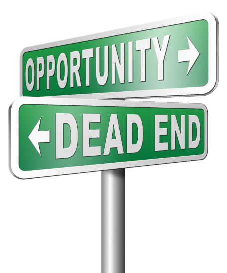 Blogs that don't include next steps for the reader are dead ends. Image shows road sign showing one direction as a dead end and the other as opportunity.