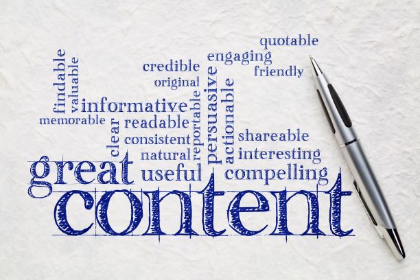A word cloud focused on "great content" and the importance of streamlining wordy sentences